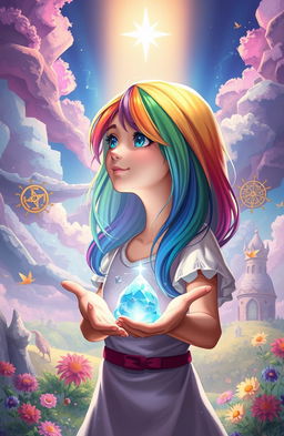 A girl with rainbow-colored hair holding the future of her kingdom in her hands