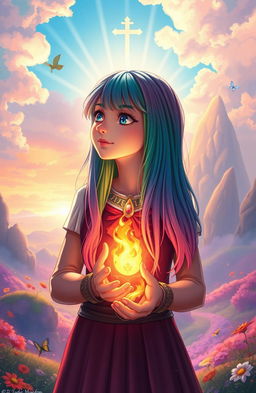 A girl with rainbow-colored hair holding the future of her kingdom in her hands