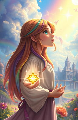 A girl with rainbow-colored hair holding the future of her kingdom in her hands