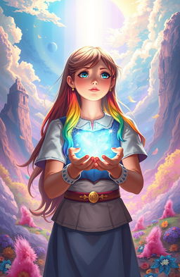 A girl with rainbow-colored hair holding the future of her kingdom in her hands