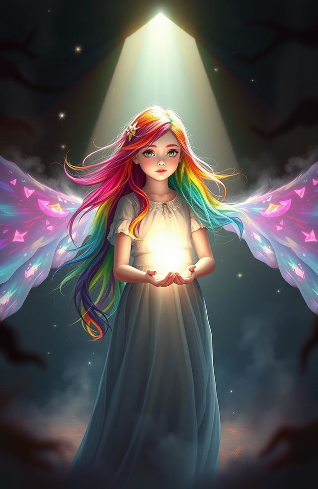 A girl with rainbow hair holding the future of her kingdom in her hands, set against a backdrop of a dark and mysterious past