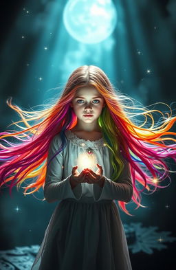 A girl with rainbow hair holding the future of her kingdom in her hands, set against a backdrop of a dark and mysterious past