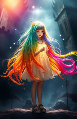 A girl with rainbow hair holding the future of her kingdom in her hands, set against a backdrop of a dark and mysterious past