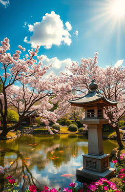 A tranquil Japanese garden during spring, featuring full cherry blossom trees in bloom, their delicate pink petals gently falling onto a serene pond filled with koi fish