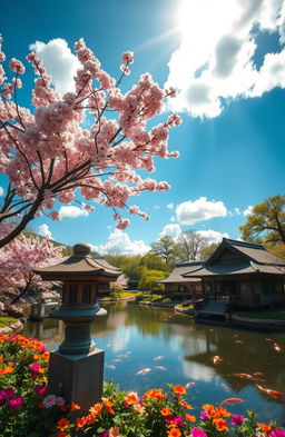 A tranquil Japanese garden during spring, featuring full cherry blossom trees in bloom, their delicate pink petals gently falling onto a serene pond filled with koi fish