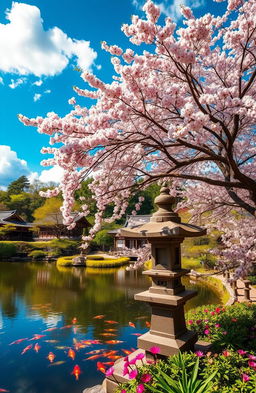 A tranquil Japanese garden during spring, featuring full cherry blossom trees in bloom, their delicate pink petals gently falling onto a serene pond filled with koi fish