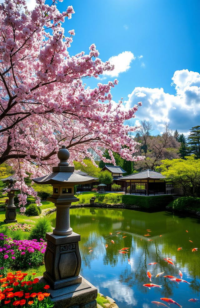 A tranquil Japanese garden during spring, featuring full cherry blossom trees in bloom, their delicate pink petals gently falling onto a serene pond filled with koi fish