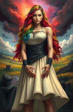 A woman with rainbow-colored hair standing confidently, holding the future of her kingdom in her hands