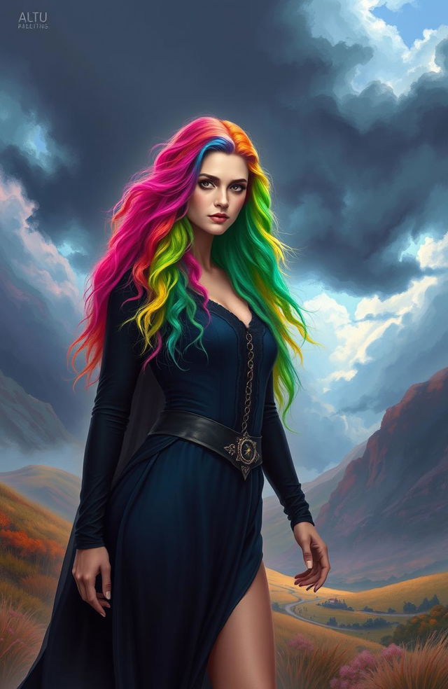 A woman with rainbow-colored hair standing confidently, holding the future of her kingdom in her hands