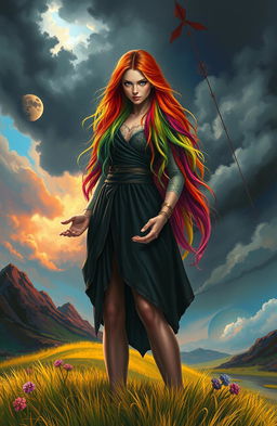 A woman with rainbow-colored hair standing confidently, holding the future of her kingdom in her hands