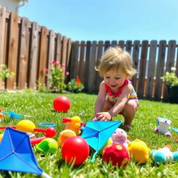 A small, cheerful child tidying up toys in a sunny backyard