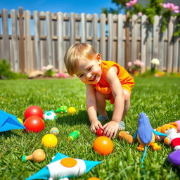 A small, cheerful child tidying up toys in a sunny backyard