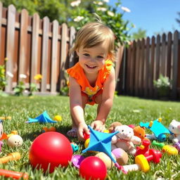 A small, cheerful child tidying up toys in a sunny backyard