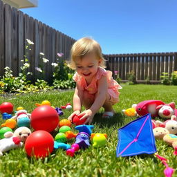 A small, cheerful child tidying up toys in a sunny backyard
