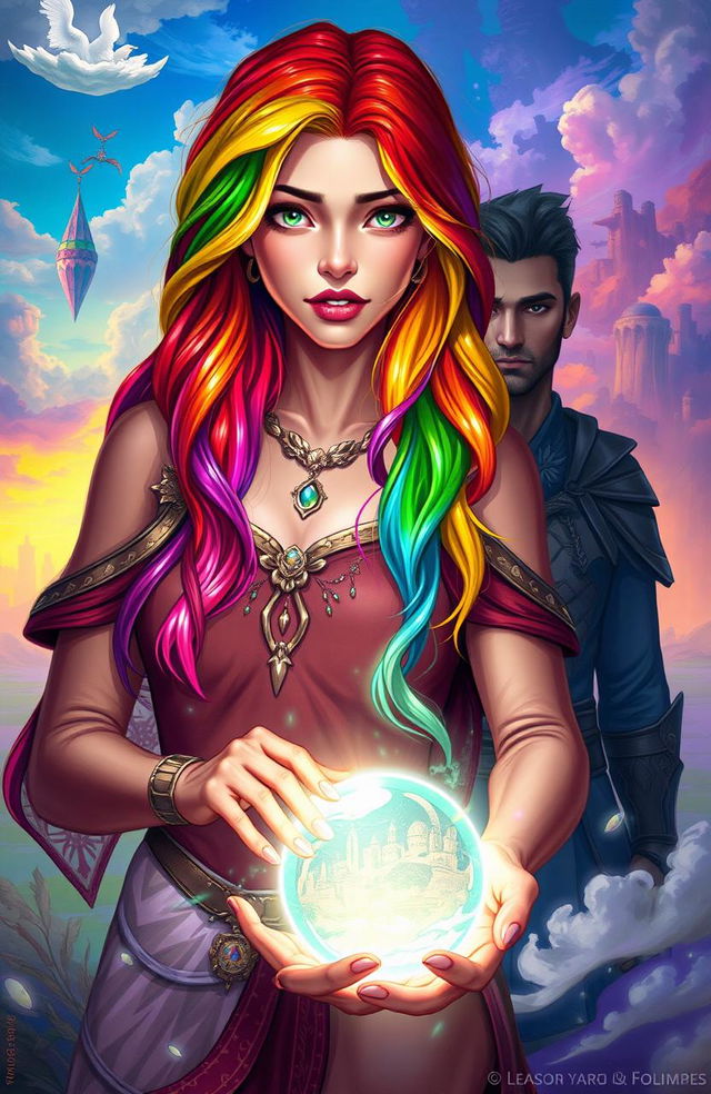 A woman with rainbow hair, showcasing a powerful presence as she holds the future of her kingdom in her hands