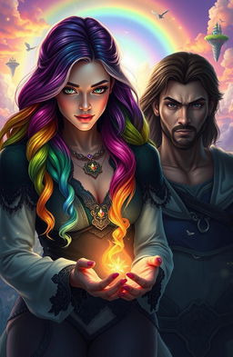 A woman with rainbow hair, showcasing a powerful presence as she holds the future of her kingdom in her hands