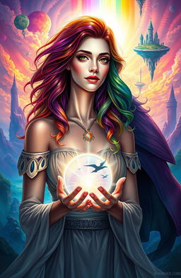 A woman with rainbow hair, showcasing a powerful presence as she holds the future of her kingdom in her hands