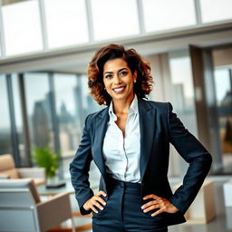 A powerful woman standing confidently in a modern office environment, radiating professional energy