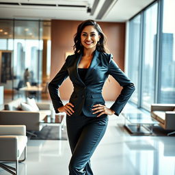 A powerful woman standing confidently in a modern office environment, radiating professional energy