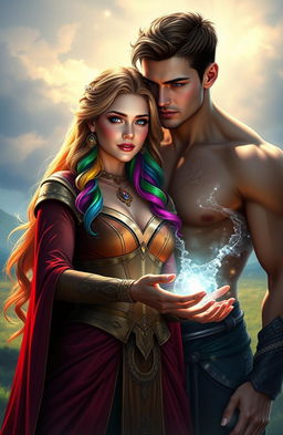 A beautiful woman with rainbow hair, holding the future of her kingdom in her hands, with a dark past symbolized by shadows behind her