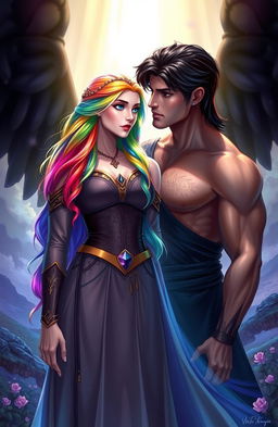 A beautiful woman with rainbow hair, holding the future of her kingdom in her hands, with a dark past symbolized by shadows behind her