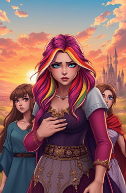 A woman with rainbow-colored hair, looking distressed yet strong, holding the future of her kingdom in her hands