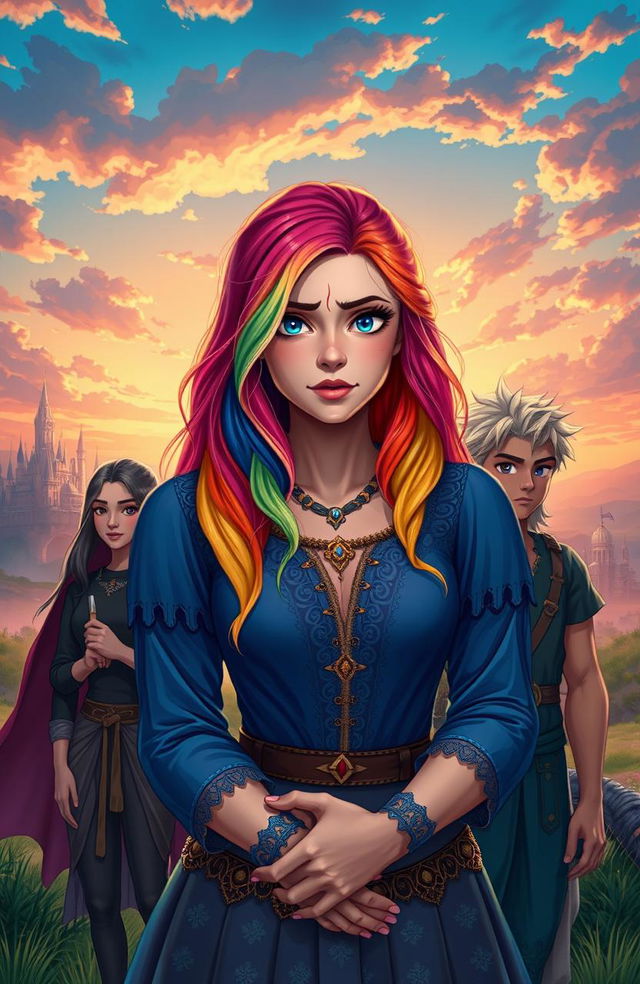 A woman with rainbow-colored hair, looking distressed yet strong, holding the future of her kingdom in her hands