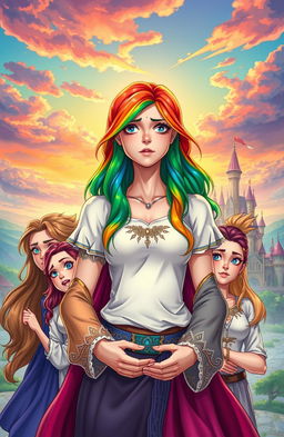 A woman with rainbow-colored hair, looking distressed yet strong, holding the future of her kingdom in her hands