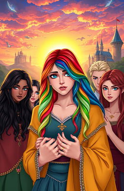 A woman with rainbow-colored hair, looking distressed yet strong, holding the future of her kingdom in her hands