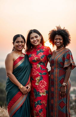 A beautiful Indian woman, a stunning Chinese woman, and a gorgeous African woman standing together, showcasing their unique cultures and fashion styles