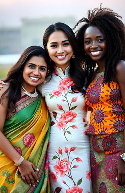 A beautiful Indian woman, a stunning Chinese woman, and a gorgeous African woman standing together, showcasing their unique cultures and fashion styles