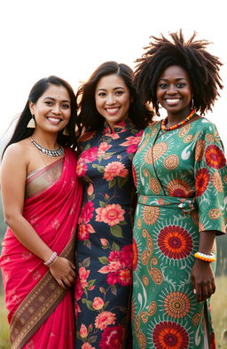 A beautiful Indian woman, a stunning Chinese woman, and a gorgeous African woman standing together, showcasing their unique cultures and fashion styles