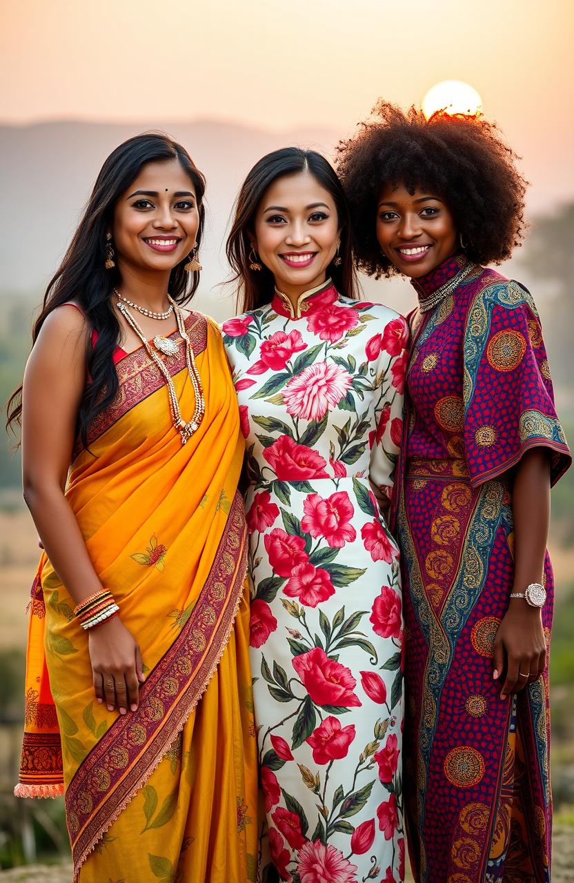 A beautiful Indian woman, a stunning Chinese woman, and a gorgeous African woman standing together, showcasing their unique cultures and fashion styles