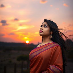 A beautiful Indian woman gazing thoughtfully at the sky, her long flowing hair gently swaying in the breeze