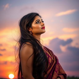 A beautiful Indian woman gazing thoughtfully at the sky, her long flowing hair gently swaying in the breeze