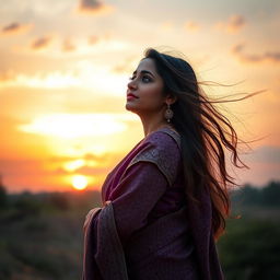 A beautiful Indian woman gazing thoughtfully at the sky, her long flowing hair gently swaying in the breeze