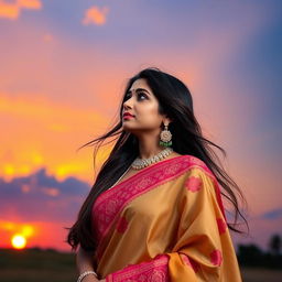A beautiful Indian woman gazing thoughtfully at the sky, her long flowing hair gently swaying in the breeze