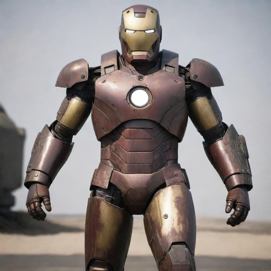 A Dieselpunk rendition of Iron Man's suit, dating back to the aesthetics of the 1940s war era. The suit has a rugged, militaristic design with dark, worn metal, bulky exhaust pipes, rivets, and a visible diesel engine, yet retains the iconic Iron Man helmet and chest light