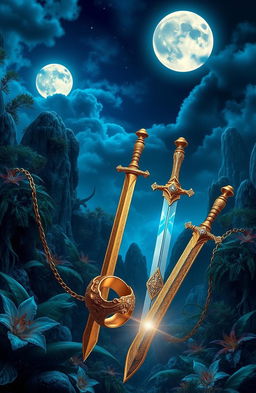 A fantasy landscape depicting a surreal world with two glowing moons in the night sky, surrounded by a mystical atmosphere