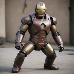 A Dieselpunk rendition of Iron Man's suit, dating back to the aesthetics of the 1940s war era. The suit has a rugged, militaristic design with dark, worn metal, bulky exhaust pipes, rivets, and a visible diesel engine, yet retains the iconic Iron Man helmet and chest light