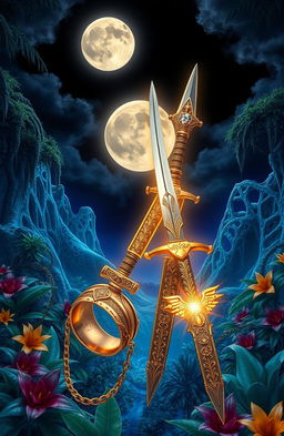 A fantasy landscape depicting a surreal world with two glowing moons in the night sky, surrounded by a mystical atmosphere