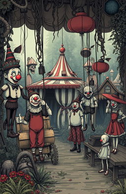 A captivating scene of an old and slightly dilapidated theme park filled with whimsical puppet-inspired animatronics, reminiscent of vintage designs