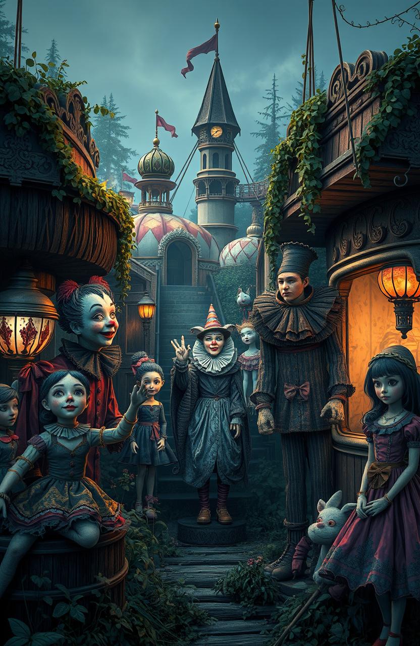 A captivating scene of an old and slightly dilapidated theme park filled with whimsical puppet-inspired animatronics, reminiscent of vintage designs