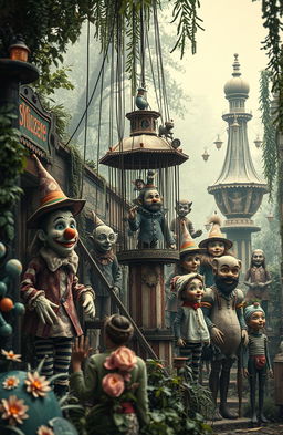 A captivating scene of an old and slightly dilapidated theme park filled with whimsical puppet-inspired animatronics, reminiscent of vintage designs