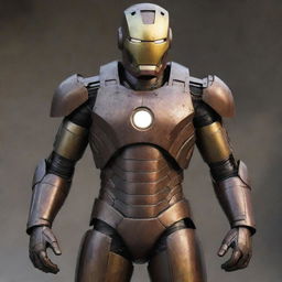 A Dieselpunk rendition of Iron Man's suit, dating back to the aesthetics of the 1940s war era. The suit has a rugged, militaristic design with dark, worn metal, bulky exhaust pipes, rivets, and a visible diesel engine, yet retains the iconic Iron Man helmet and chest light