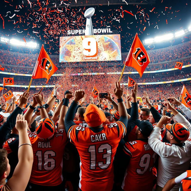 A celebratory scene capturing the Cincinnati Bengals winning their 9th Super Bowl in a row