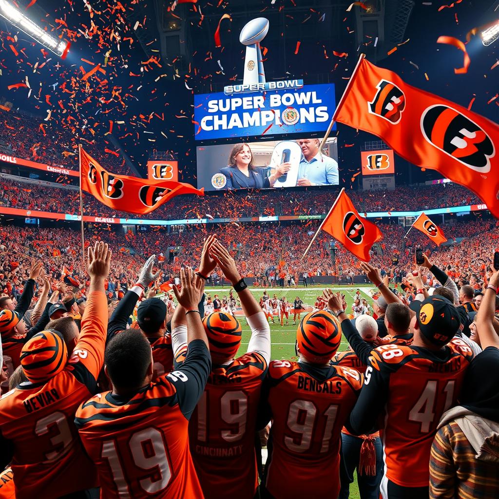 A celebratory scene capturing the Cincinnati Bengals winning their 9th Super Bowl in a row