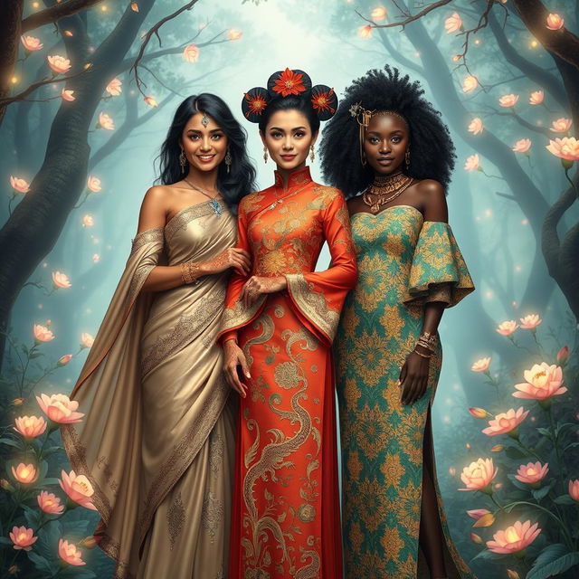 A beautiful Indian woman, a stunning Chinese woman, and a gorgeous African woman portrayed in a fantasy style