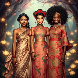 A beautiful Indian woman, a stunning Chinese woman, and a gorgeous African woman portrayed in a fantasy style