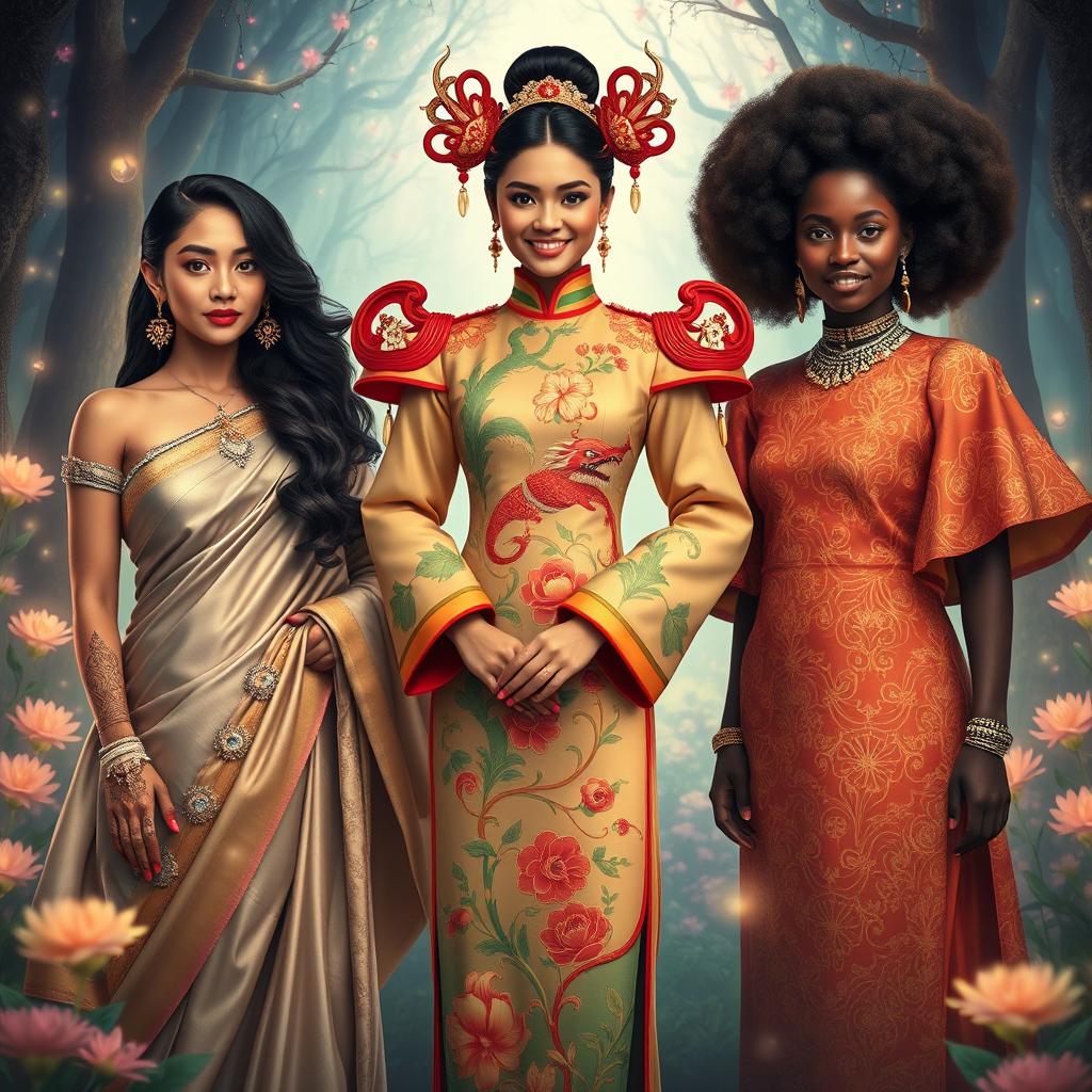 A beautiful Indian woman, a stunning Chinese woman, and a gorgeous African woman portrayed in a fantasy style